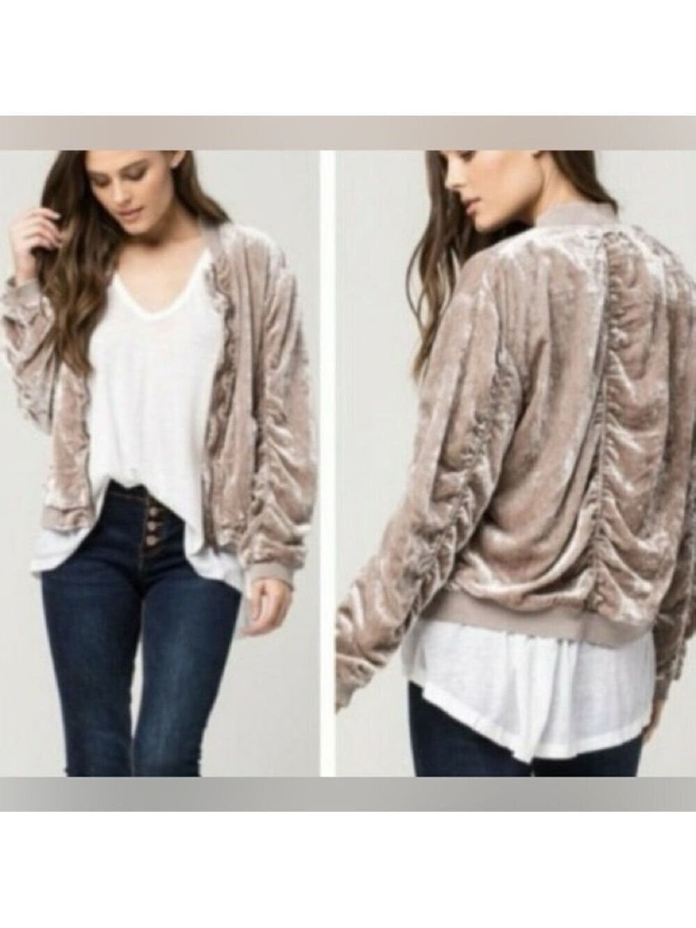 Free People
Ruched Velvet Bomber
Iridescent sand
Size Small